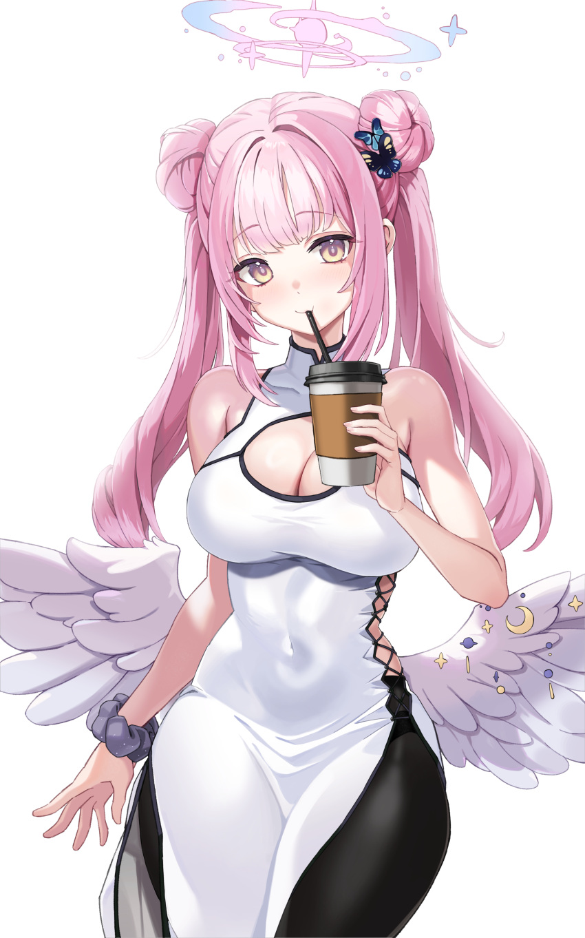 1girl absurdres alternate_costume angel_wings black_scrunchie blue_archive blush breasts cleavage closed_mouth coffee_cup covered_navel cowboy_shot cup disposable_cup double_bun drinking_straw feathered_wings hair_bun halo highres holding holding_cup large_breasts long_hair looking_at_viewer mika_(blue_archive) pink_hair pink_halo scrunchie simple_background smile solo white_background white_wings wings wrist_scrunchie yan.c yellow_eyes