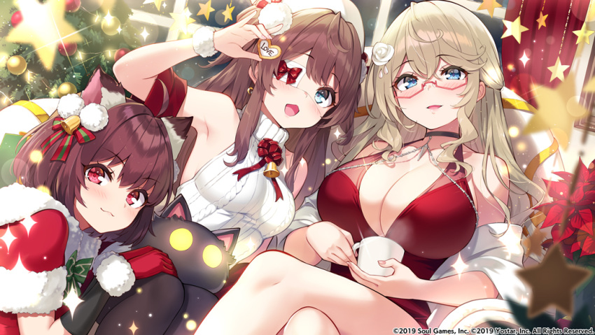 3girls :3 ahoge animal_ears arm_up armpits bare_shoulders black_choker blonde_hair blue_eyes blurry bokeh bow bowtie breasts brown_hair cable_knit capelet cat_ears character_request choker christmas christmas_ornaments cleavage crossed_legs cup depth_of_field dress eyepatch glasses halter_dress halterneck heart hisen_kaede holding holding_cup large_breasts long_hair looking_at_viewer mahjong_soul medium_breasts mug multiple_girls official_art open_mouth red-framed_eyewear red_dress red_eyes ribbed_sweater semi-rimless_eyewear shawl short_hair sitting sleeveless sleeveless_dress sleeveless_sweater sleeveless_turtleneck smile star_(symbol) stuffed_animal stuffed_cat stuffed_toy sweater thighs turtleneck turtleneck_sweater two_side_up under-rim_eyewear white_headwear white_sweater