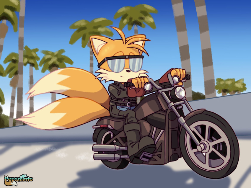 black_clothing clothing eyewear gloves handwear hi_res jacket leather leather_clothing leather_jacket leather_topwear male male/male miles_prower motorcycle pepamintop sega solo sonic_the_hedgehog_(series) sunglasses topwear vehicle