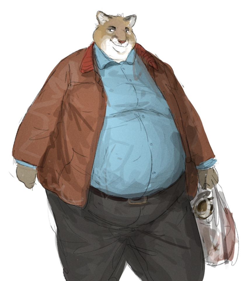 2021 anthro bag belly belt big_belly bottomwear cettus clothed clothing cougar dress_shirt felid feline front_view fully_clothed fur groceries hi_res holding_bag holding_object jacket male mammal obese obese_anthro obese_male overweight overweight_anthro overweight_male pants shirt simple_background solo tan_body tan_fur topwear walking white_background