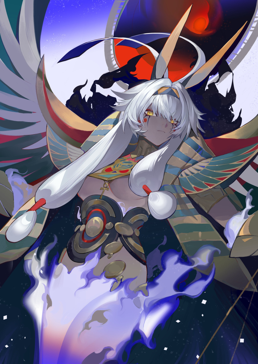 1girl absurdres animal_ears antenna_hair bingansuan_jiamouren breasts closed_mouth dark-skinned_female dark_skin egyptian_clothes expressionless facepaint facial_mark fake_wings fate/grand_order fate_(series) fire from_below grey_hair hair_flaps hair_tubes hairband highres jackal_ears jewelry long_hair looking_at_viewer looking_down medium_breasts nemes nitocris_alter_(fate) nitocris_alter_(third_ascension)_(fate) sidelocks slit_pupils solo underbust usekh_collar white_fire wings yellow_eyes