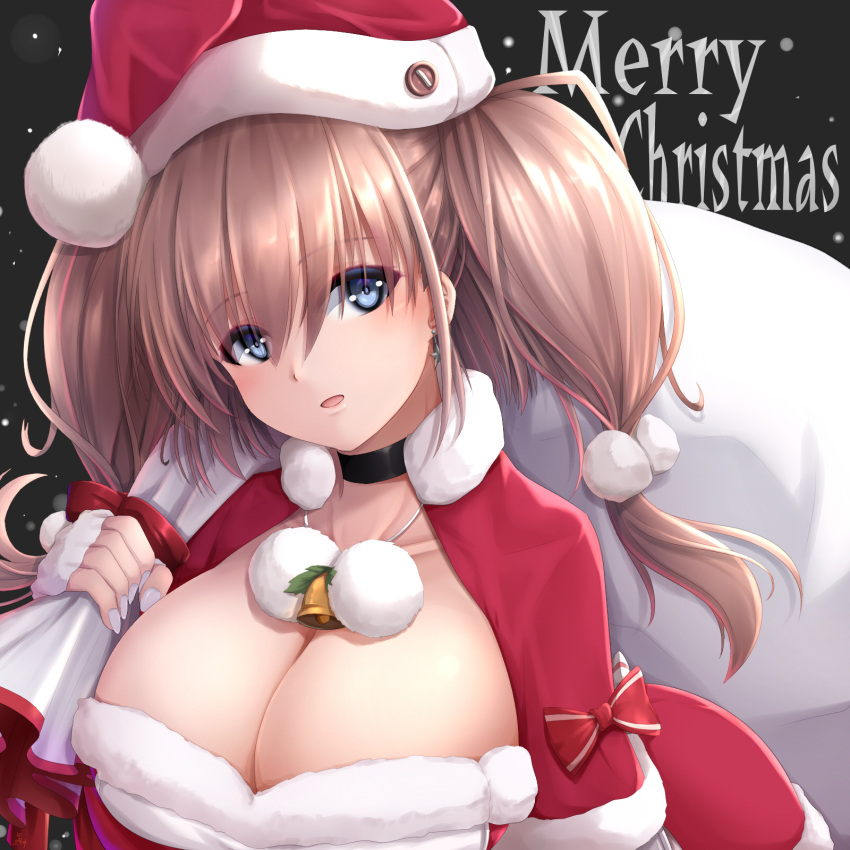 1girl atlanta_(kancolle) blue_eyes breasts brown_hair capelet cleavage earrings fur-trimmed_capelet fur-trimmed_headwear fur_trim hat highres holding holding_sack jewelry kantai_collection large_breasts long_hair merry_christmas official_alternate_costume red_capelet red_headwear sack santa_costume santa_hat seiya_(iiseven) single_earring solo star_(symbol) star_earrings two_side_up white_nails