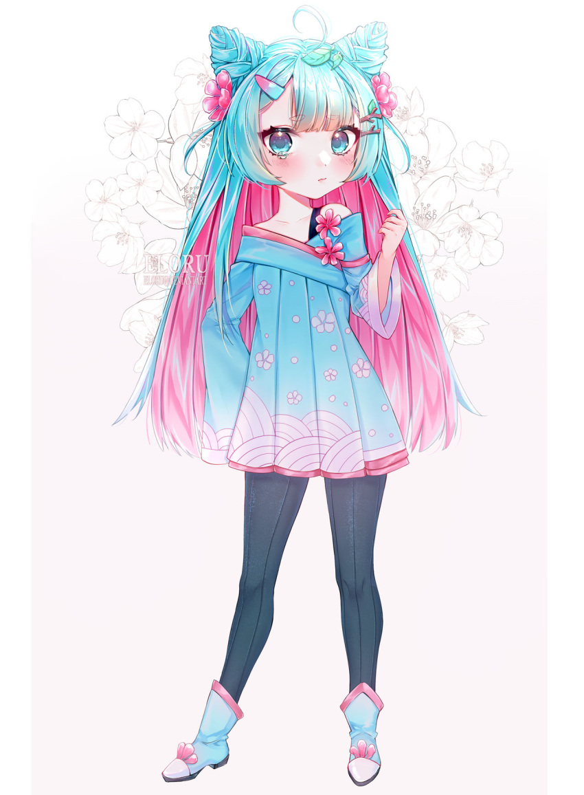 1girl ahoge artist_name black_pants blue_dress blue_eyes blue_footwear blue_hair blue_sleeves blunt_bangs blush boots border cherry_blossom_print closed_mouth collarbone commentary commission cone_hair_bun double_bun dress eloru english_commentary eyelashes floral_background floral_print flower flower_brooch frown full_body gradient_background hair_bun hair_flower hair_ornament hairclip hand_on_own_hip hand_up highres long_hair long_sleeves looking_at_viewer multicolored_hair original pants pants_under_dress pillarboxed pink_background pink_flower pink_hair pleated_dress short_dress single_bare_shoulder single_strap solo straight_hair tearing_up two-tone_hair very_long_hair watermark white_border wide_sleeves