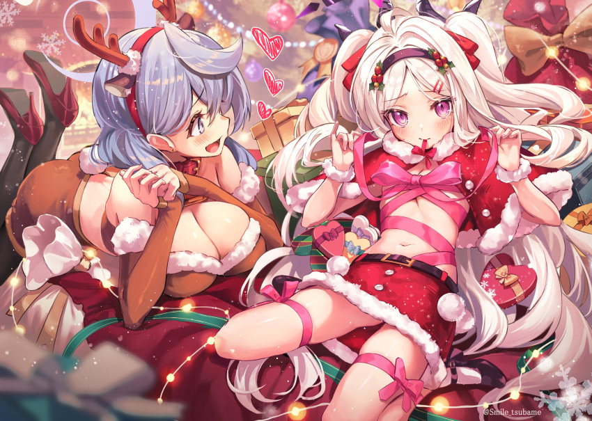 2girls absurdres ako_(blue_archive) animal_costume antlers black_footwear black_horns black_pantyhose blue_archive blue_eyes blue_hair blush breasts capelet christmas cleavage closed_mouth demon_horns heart highres hina_(blue_archive) horns large_breasts long_hair multiple_girls multiple_horns navel open_mouth pantyhose parted_bangs pink_ribbon purple_eyes red_capelet reindeer_antlers reindeer_costume ribbon santa_costume shoes short_hair small_breasts smile socks tsubameno twitter_username white_hair white_socks