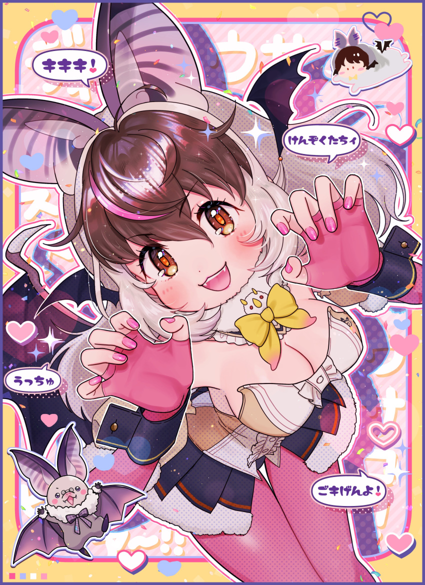 1girl absurdres animal_ears bat_ears bat_girl bat_wings brown_eyes brown_hair brown_long-eared_bat_(kemono_friends) elbow_gloves extra_ears fingerless_gloves foaprlwhpo53740 gloves grey_hair heart highres kemono_friends kemono_friends_v_project leotard long_hair looking_at_viewer microphone pantyhose poporu_(kemono_friends) simple_background skirt translation_request virtual_youtuber wings