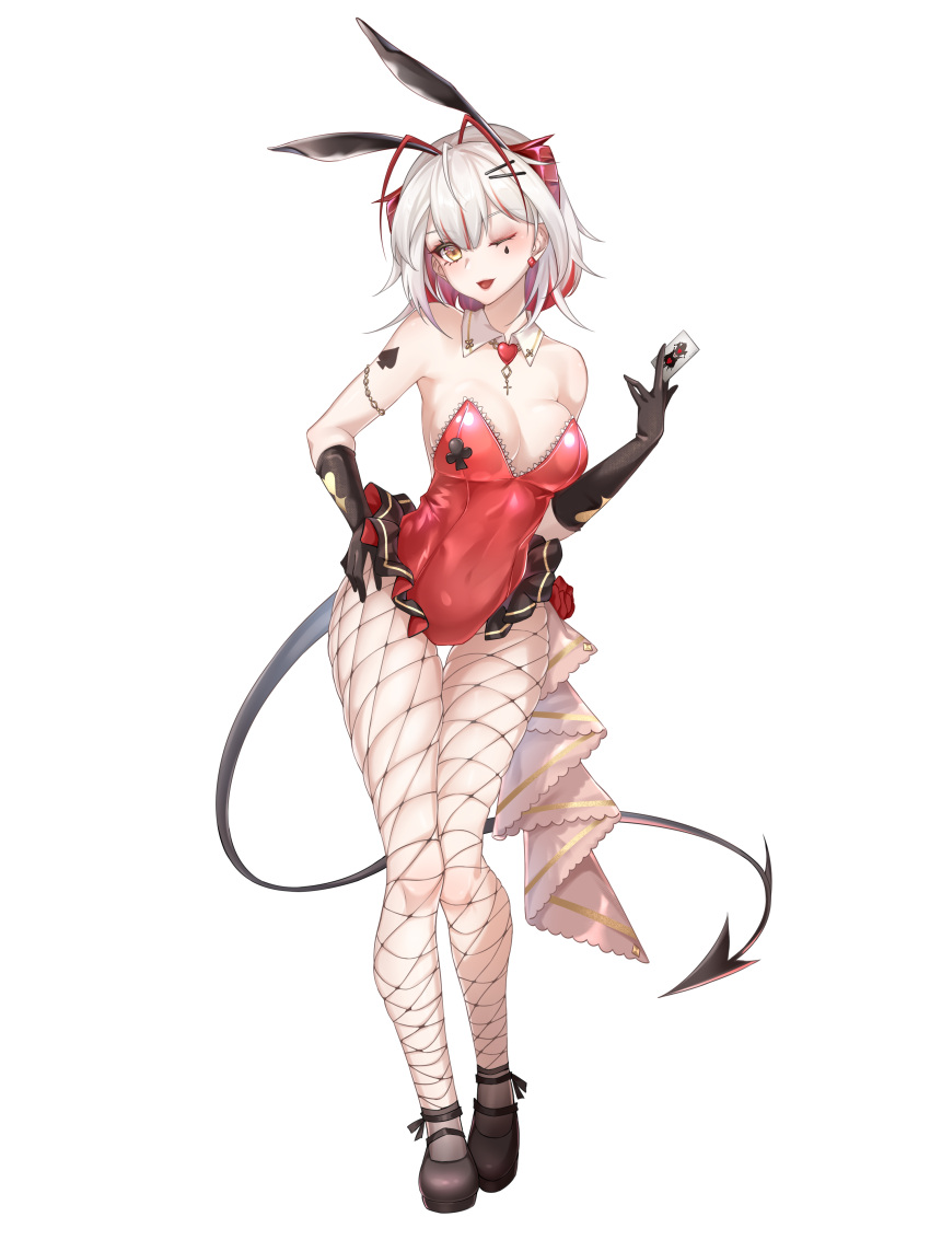 1girl ;d absurdres animal_ears arknights bare_shoulders between_fingers black_footwear black_gloves breasts brown_eyes card club_(shape) collar covered_navel detached_collar elbow_gloves fake_animal_ears fishnet_pantyhose fishnets full_body gloves grey_hair hair_between_eyes hair_ornament hairclip heart highres holding holding_card leotard medium_breasts multicolored_hair nanaya_journey one_eye_closed pantyhose playboy_bunny rabbit_ears red_hair red_leotard shoes simple_background skindentation smile solo spade_(shape) standing strapless strapless_leotard streaked_hair tail thigh_gap thighs two-tone_hair w_(arknights) white_background white_collar wing_collar