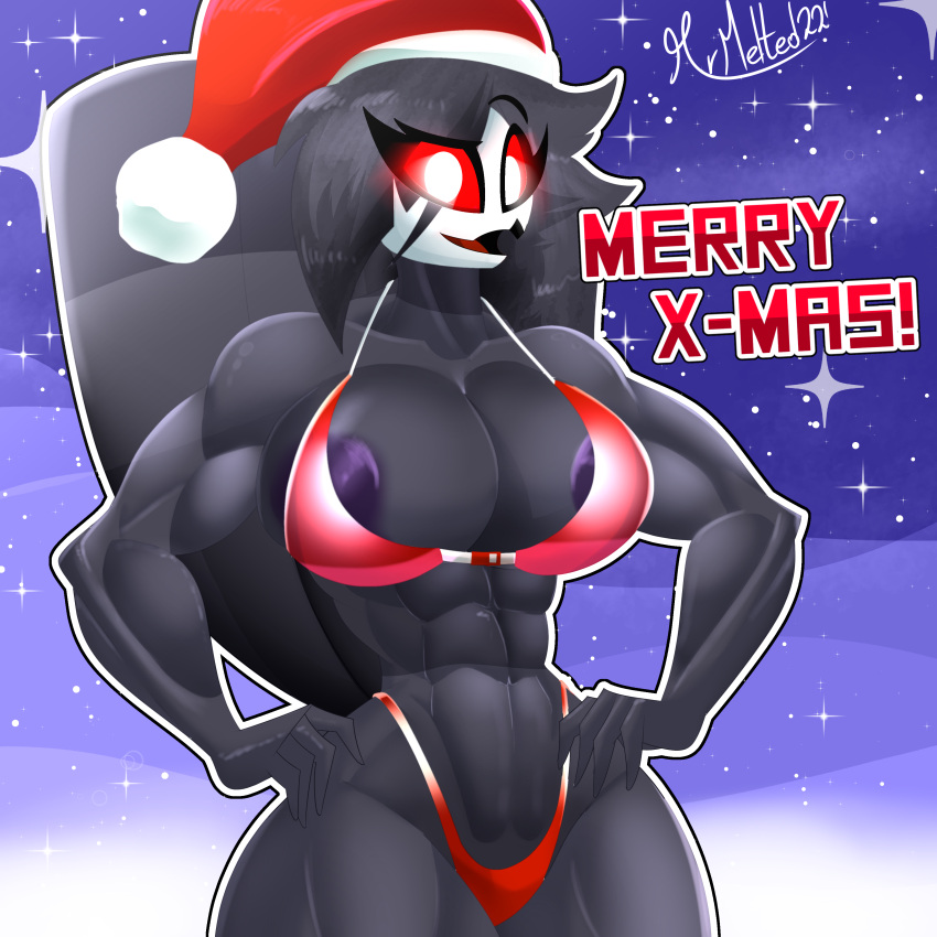 1:1 2022 4_fingers abs absurd_res anthro areola avian avian_demon beak bikini bird christmas clothing eyebrows female fingers hair helluva_boss hi_res holidays looking_at_viewer merry_christmas mrmelted muscular muscular_anthro muscular_female octavia_(helluva_boss) open_mouth owl owl_demon purple_areola raised_eyebrow red_sclera snow snowing solo swimwear tail