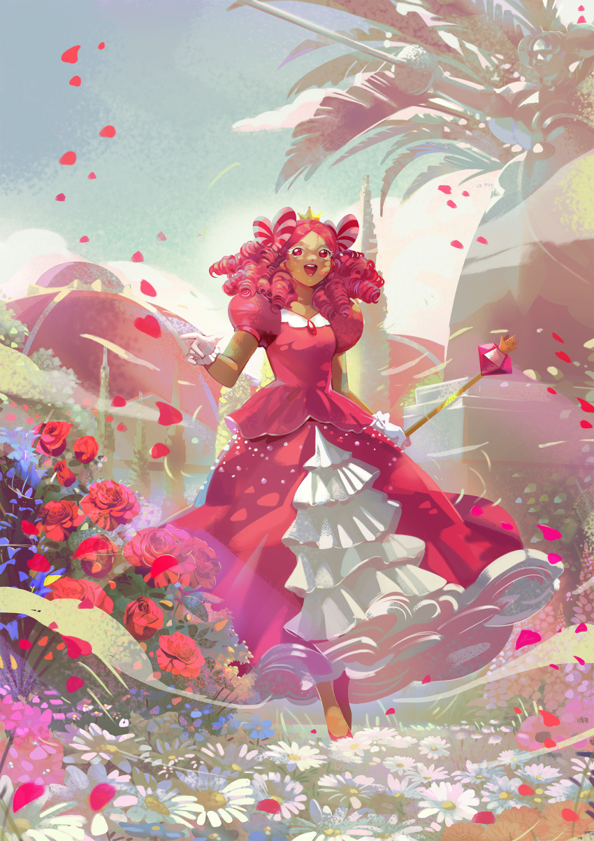 1girl absurdres bandal brooch cookie_run dress drill_hair flower full_body happy highres holding holding_staff humanization jewelry long_hair looking_at_viewer personification petals pink_dress pink_eyes pink_hair princess_cookie rose solo staff