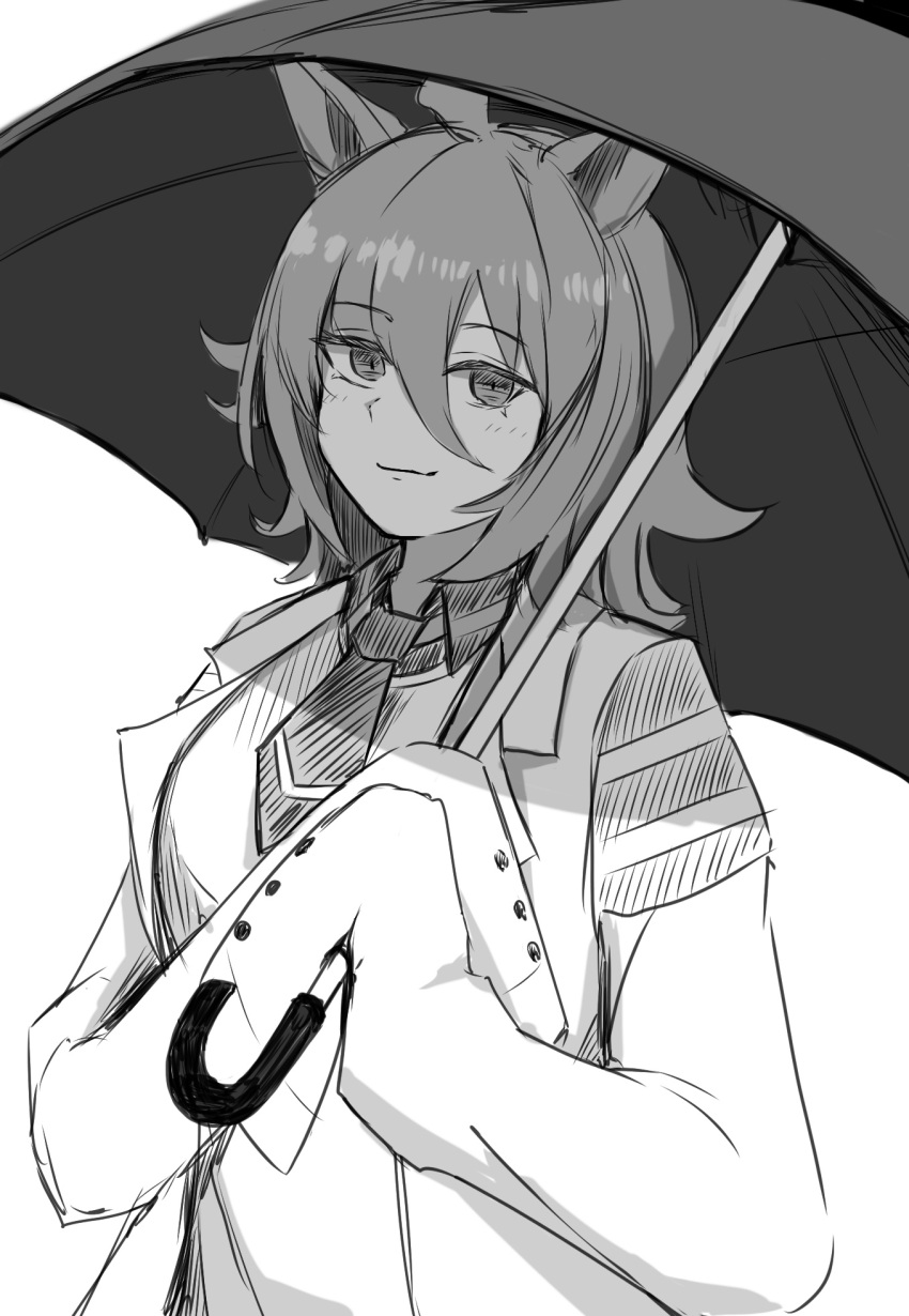 1girl agnes_tachyon_(umamusume) ahoge animal_ears coat collared_shirt commentary_request greyscale hair_between_eyes highres holding holding_umbrella horse_ears horse_girl lab_coat looking_at_viewer messy_hair miya_nns35 monochrome necktie open_clothes open_coat shirt short_hair simple_background sleeves_past_fingers sleeves_past_wrists solo sweater_vest umamusume umbrella upper_body very_long_sleeves white_background