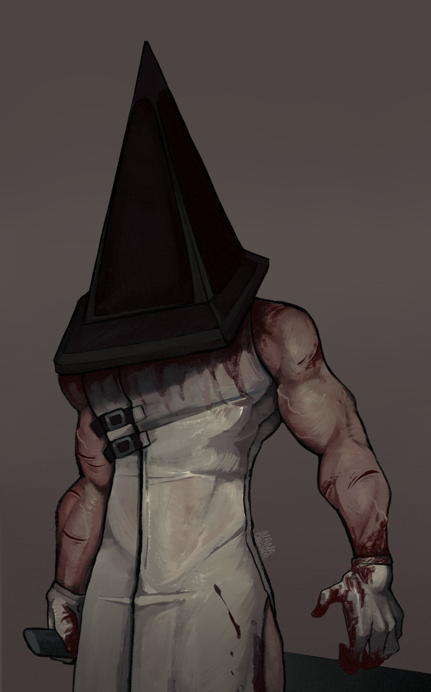 1boy arms_at_sides blood blood_on_clothes blood_on_hands brown_background cowboy_shot dark_background from_below gloves helmet highres holding male_focus monster_boy muscular muscular_male nanadagger pyramid_head silent_hill_(series) silent_hill_2 simple_background solo sword thick_arms veins veiny_arms weapon white_gloves