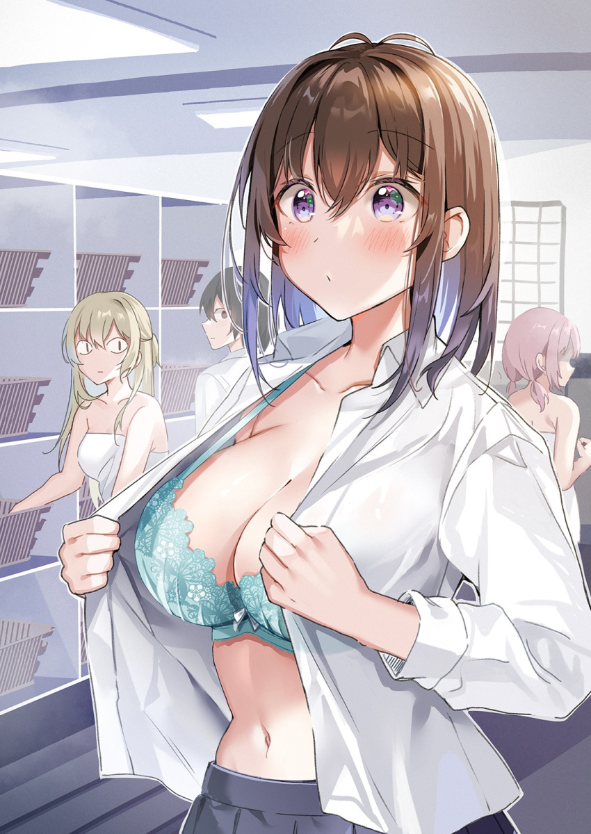 4girls aqua_bra black_skirt blush bra breast_envy breasts brown_hair changing_room cleavage closed_mouth collarbone colored_inner_hair commentary_request hair_between_eyes hawawa-chan_(shiro_kuma_shake) highres large_breasts long_hair looking_at_viewer multicolored_hair multiple_girls naked_towel navel open_clothes open_shirt original pink_hair purple_eyes purple_hair shiro_kuma_shake shirt skirt solo_focus standing towel underwear undressing white_shirt