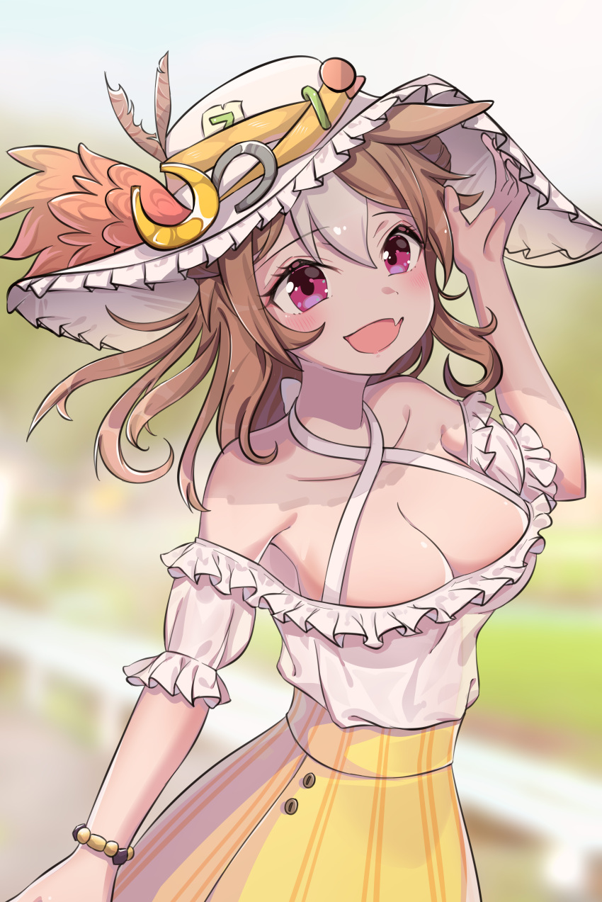 1girl absurdres alternate_costume amite-faust animal_ears arm_up armpits bare_shoulders bead_bracelet beads blush bracelet breasts brown_hair cleavage collarbone commentary_request copano_rickey_(umamusume) criss-cross_halter double_bun fang hair_between_eyes hair_bun halterneck highres horse_ears horse_girl jewelry large_breasts long_hair multicolored_hair open_mouth outdoors pink_eyes shirt skin_fang skirt smile solo streaked_hair umamusume white_hair white_headwear white_shirt yellow_skirt