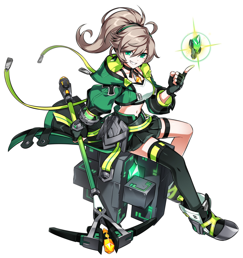 1girl absurdres ahoge artist_request black_choker black_footwear black_gloves black_skirt black_thighhighs brown_hair choker crop_top dot_nose elsword fingerless_gloves gem gloves green_eyes green_hairband green_hoodie grin hairband highres holding holding_pickaxe hood hoodie lithia_beryl_(elsword) looking_at_viewer medium_hair midriff mighty_miner_(elsword) navel pickaxe pleated_skirt ponytail shoes single_thighhigh sitting skirt smile solo thighhighs thighlet transparent_background