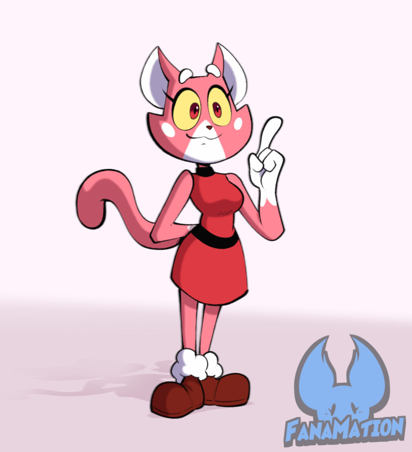 2d_(artwork) anthro boots clothing collar digital_drawing_(artwork) digital_media_(artwork) domestic_cat dress eyebrows fanamationu felid feline felis female footwear fur gesture hand_gesture hi_res mammal pink_body pink_fur raised_eyebrows raised_tail red_clothing red_dress red_eyes shima_luan smile solo solo_focus super_planet_dolan tail yellow_sclera