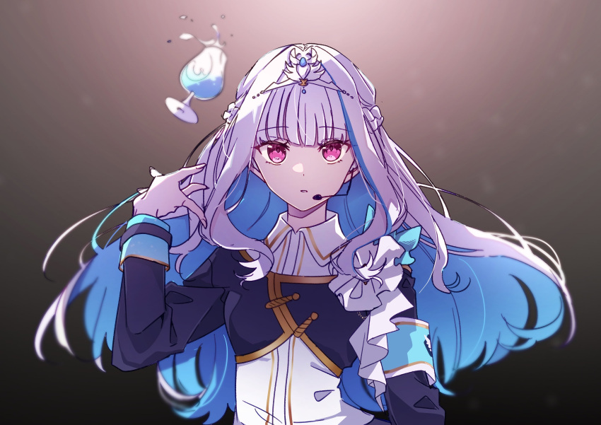 1girl blue_hair braid collared_shirt colored_inner_hair commentary_request earpiece floating_hair half_updo highres kashikaze lize_helesta long_hair long_sleeves looking_at_viewer microphone multicolored_hair nijisanji parted_lips purple_eyes shirt sidelocks solo tiara two-tone_hair upper_body virtual_youtuber white_hair white_shirt