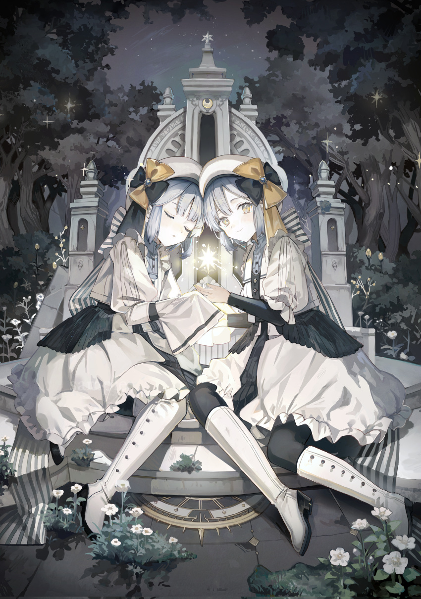 2girls absurdres beret black_vs_white boots closed_eyes dress flower grey_hair hat highres hihara_you knee_boots looking_at_viewer monument multiple_girls night night_sky official_art original outstretched_hand siblings sky sleeves_past_fingers sleeves_past_wrists smile star_(sky) tree twins white_dress white_flower white_footwear white_headwear yellow_eyes yellow_nails