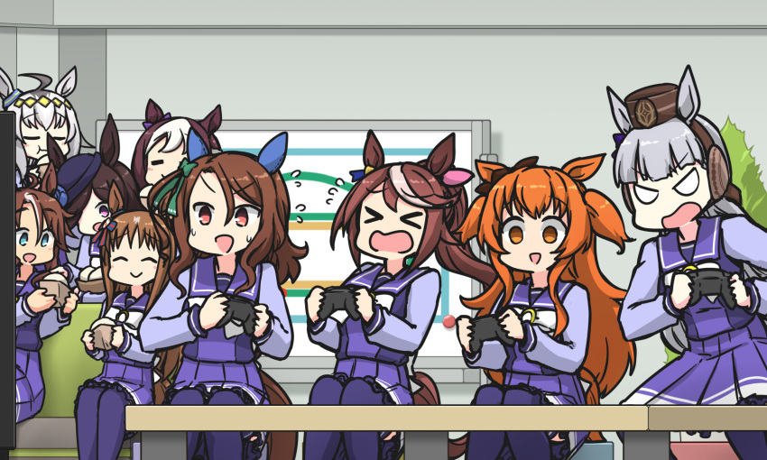 &gt;_&lt; 6+girls =_= ^_^ ahoge animal_ears baozi blue_eyes blue_flower blue_headwear blue_rose blunt_bangs bow bowtie brown_hair brown_ribbon closed_eyes controller ear_covers ear_piercing ear_ribbon empty_eyes flower food game_controller gold_ship_(umamusume) grass_wonder_(umamusume) green_bow grey_hair hair_bow hair_flaps hair_over_one_eye hairband hamu_koutarou hat hat_flower high_ponytail highres holding holding_controller holding_food holding_game_controller horse_ears horse_girl horse_tail indoors king_halo_(umamusume) long_hair long_sleeves mayano_top_gun_(umamusume) mejiro_palmer_(umamusume) multicolored_hair multiple_girls oguri_cap_(umamusume) orange_eyes orange_hair pakatube piercing pillbox_hat pink_bow pleated_skirt purple_bow purple_eyes purple_shirt purple_skirt purple_thighhighs red_eyes ribbon rice_shower_(umamusume) rose sailor_collar sailor_shirt school_uniform shirt short_hair sitting skirt special_week_(umamusume) streaked_hair tail thighhighs tilted_headwear tokai_teio_(umamusume) tracen_school_uniform two-tone_hair two_side_up umamusume white_bow white_bowtie white_hair