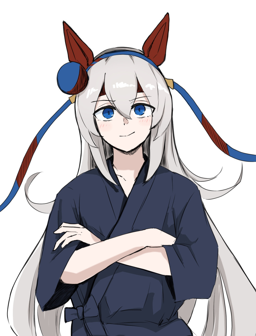 1girl animal_ears blue_eyes blue_hairband blue_headband blue_kimono closed_mouth commentary_request crossed_arms ear_covers ear_ornament hair_between_eyes hairband headband highres horse_ears horse_girl japanese_clothes kimono long_hair long_sleeves looking_at_viewer miya_nns35 red_hairband red_headband simple_background smile solo tamamo_cross_(umamusume) two-tone_hairband umamusume very_long_hair white_background yukata