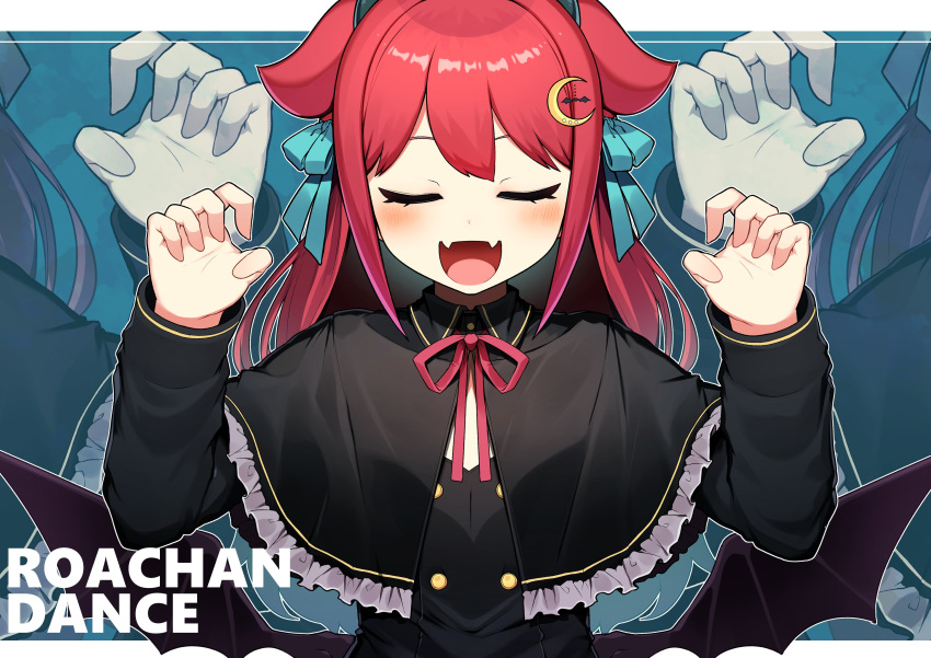 1girl absurdres black_capelet black_horns blue_bow blush bow capelet closed_eyes commentary crescent crescent_hair_ornament fangs frilled_capelet frills hair_bow hair_ornament hatyuuruinohito highres horns long_hair long_sleeves nijisanji red_hair skin_fangs solo symbol-only_commentary virtual_youtuber yuzuki_roa yuzuki_roa_(1st_costume)