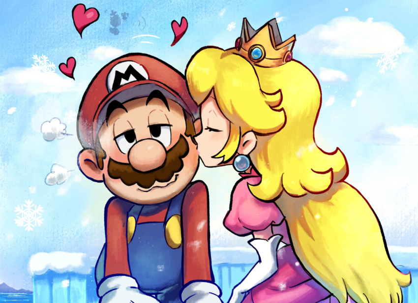 1boy 1girl blonde_hair blue_overalls blush brown_hair closed_eyes crown dress earrings elbow_gloves facial_hair gloves hat heart highres jewelry kiss kissing_cheek long_hair mario mario_&amp;_luigi_rpg mario_(series) masanori_sato_(style) mustache outdoors overalls pink_dress princess_peach puffy_short_sleeves puffy_sleeves red_headwear red_shirt shirt short_hair short_sleeves sphere_earrings white_gloves ya_mari_6363