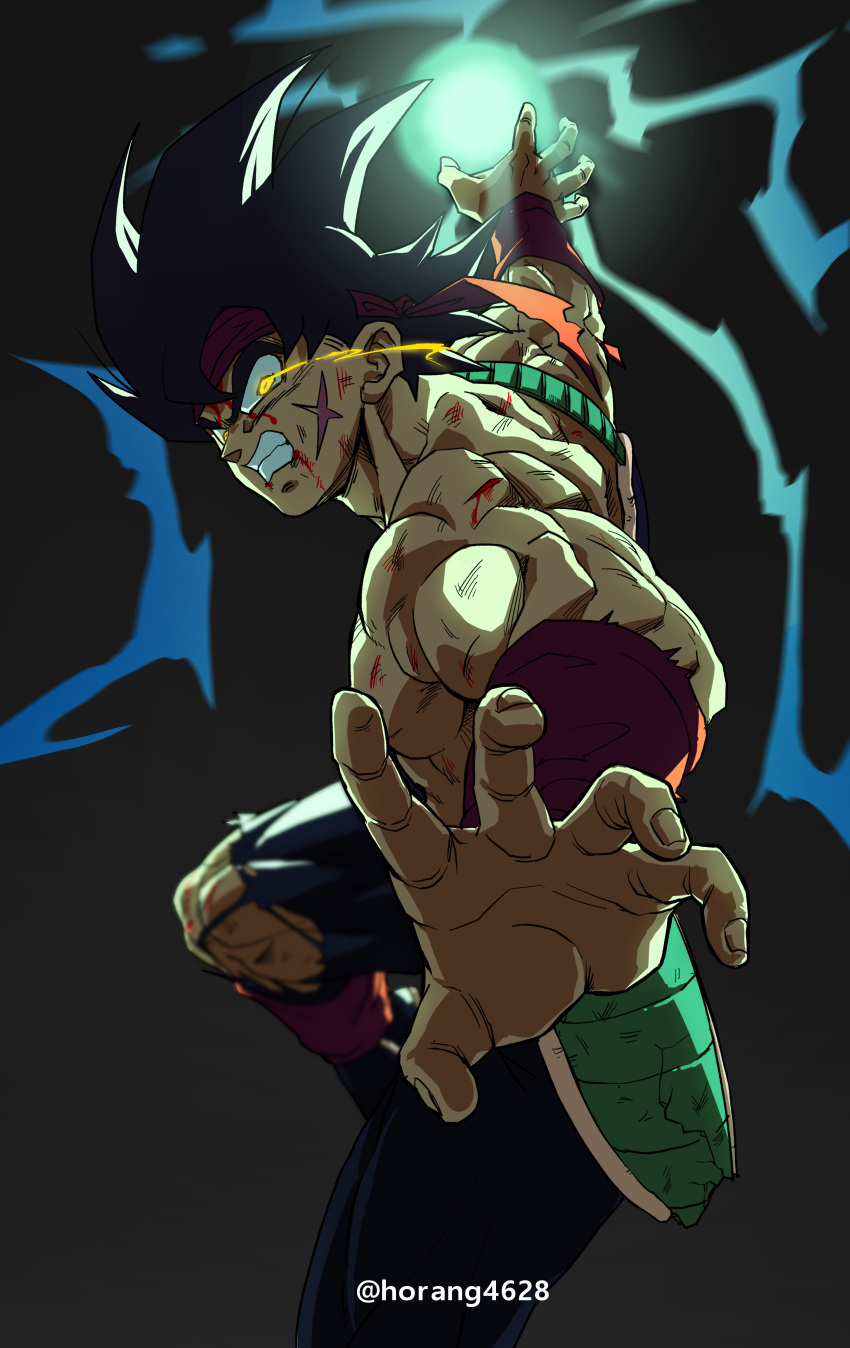 1boy absurdres angry armor artist_name bardock battle_damage black_hair black_pants blood blood_on_face broken_armor cross_scar dragon_ball dragon_ball_z energy_ball glowing glowing_eyes headband highres horang4628 incoming_attack injury looking_at_viewer male_focus muscular muscular_male pants red_headband saiyan saiyan_armor scar scar_on_cheek scar_on_face scowl simple_background sleeveless solo torn_clothes torn_headband torn_pants yellow_eyes