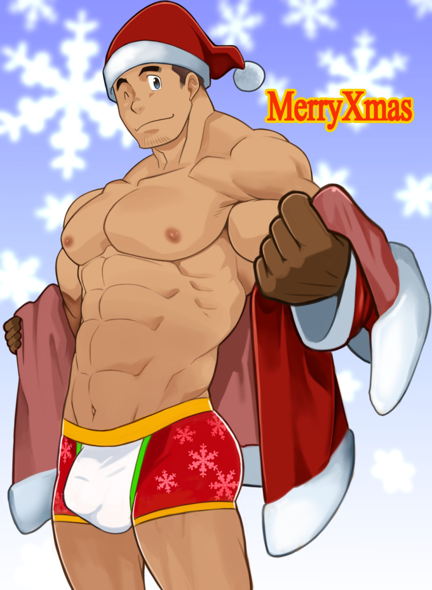 1boy bara bare_pectorals boxers christmas covered_penis dark-skinned_male dark_skin feet_out_of_frame goatee_stubble hat highres incoming_gift large_pectorals looking_at_viewer male_focus male_underwear merry_christmas muscular muscular_male nakata_shunpei nipples no_pants one_eye_closed original pectorals presenting_pectorals red_headwear red_male_underwear santa_costume santa_hat short_hair smile solo standing thick_eyebrows underwear undressing white_male_underwear