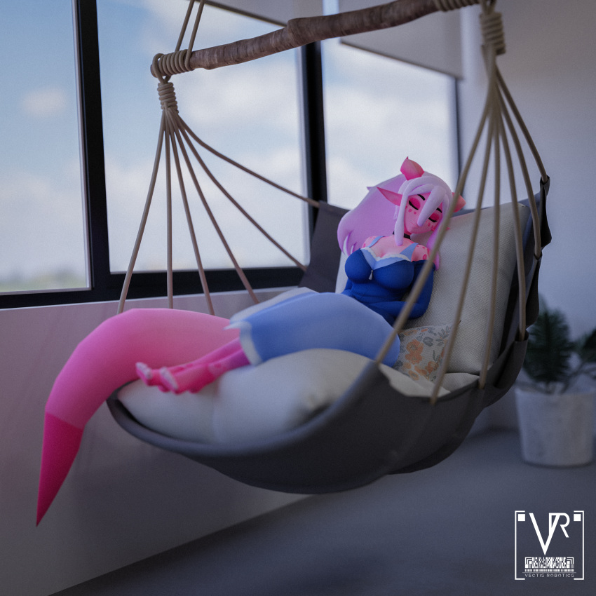 1:1 3d_(artwork) absurd_res anthro big_tail breasts cleavage clothed clothing digital_media_(artwork) dragon dress eyes_closed feet female gynomorph_(lore) hair hammock hi_res horn jacket lychee_gumi ponytail sleeping solo tail topwear vectis_robotics