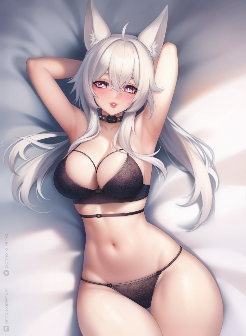 1girl absurdres ahoge animal_ear_fluff animal_ears anna_o_renko armpits arms_behind_head arms_up artist_name black_bra black_panties blush bra breasts choker commentary commission copyright_request crossed_bangs discord_logo english_commentary fox_ears from_above hair_between_eyes highres large_breasts long_hair lying navel on_back on_bed panties parted_lips purple_eyes solo spiked_choker spikes thigh_gap thighs twitter_logo underwear underwear_only white_hair