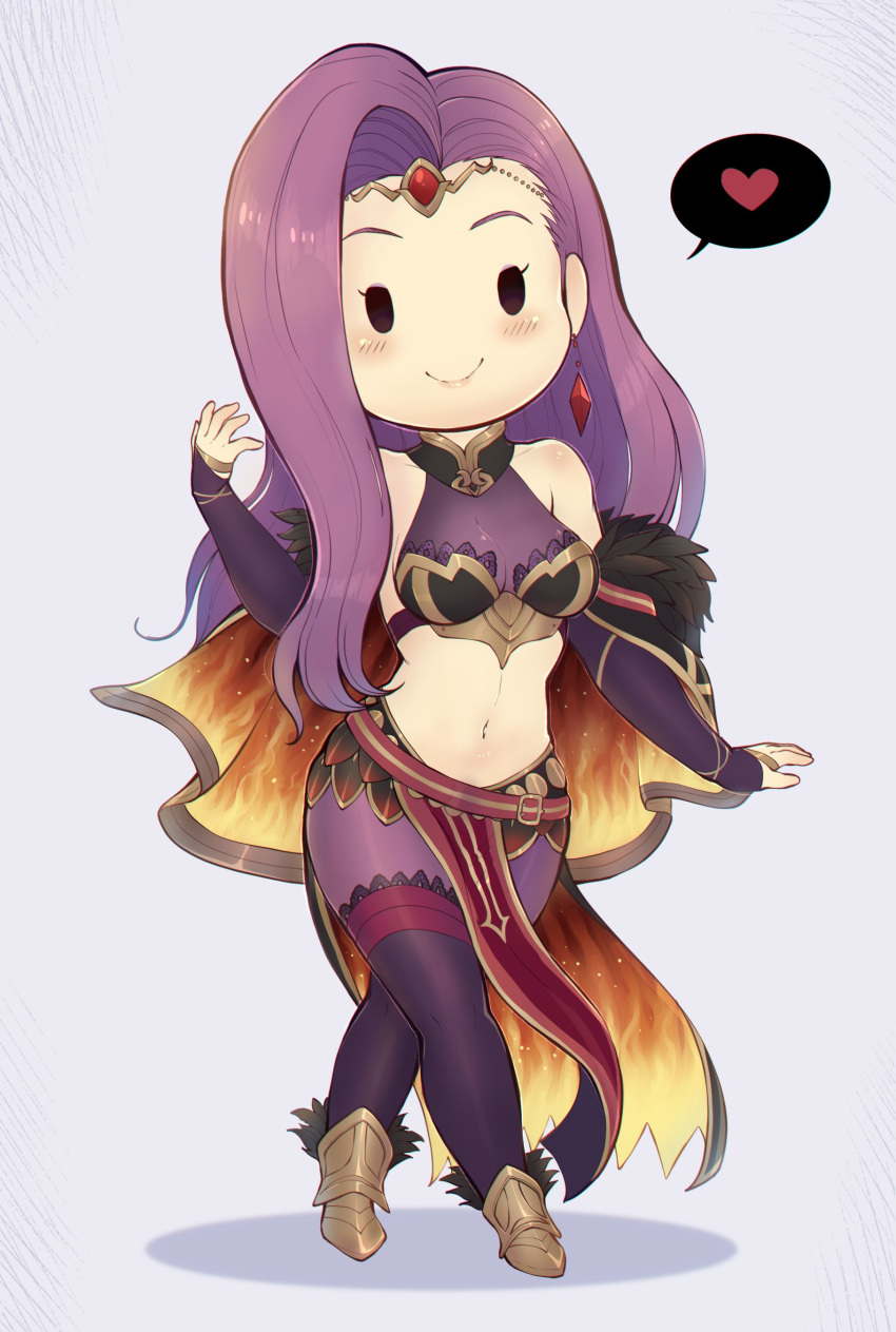 1girl absurdres armpit_crease bare_shoulders black_thighhighs blush breasts bridal_gauntlets capelet chibi circlet cleavage crossed_legs english_commentary evomanaphy fire_emblem fire_emblem_echoes:_shadows_of_valentia fire_emblem_heroes flame_print full_body fur-trimmed_capelet fur_trim gold_footwear heart highres long_hair midriff navel orange_capelet pelvic_curtain purple_hair red_capelet simple_background smile solid_oval_eyes solo sonya_(fire_emblem) sonya_(resplendent)_(fire_emblem) standing thighhighs thought_bubble two-tone_capelet white_background