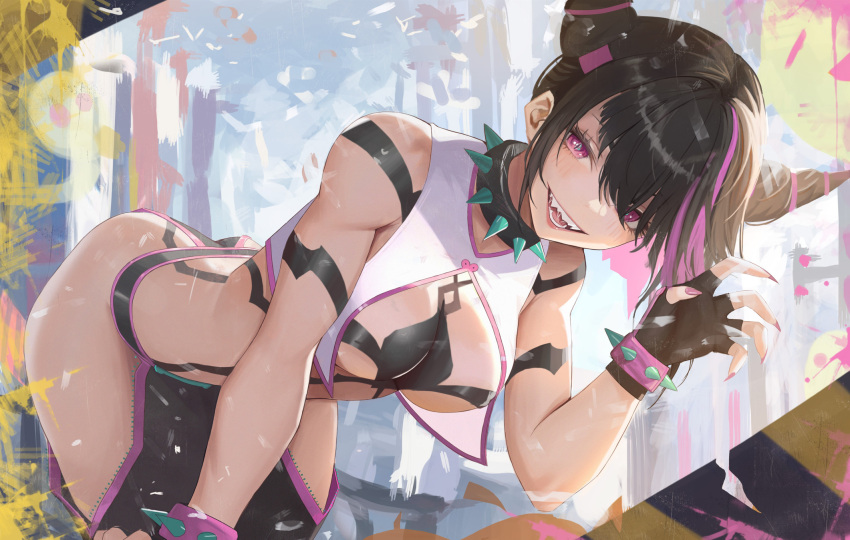 1girl all_fours asymmetrical_bangs baggy_pants bare_shoulders black_hair body_markings bracelet breasts chinese_clothes claw_pose cleavage collar drill_hair dudou fingerless_gloves fingernails gloves hair_horns han_juri highres jewelry medium_breasts midriff multicolored_hair neorarty open_clothes open_mouth pants partially_unzipped pink_eyes pink_hair sharp_fingernails sharp_teeth sleeveless smile solo spiked_bracelet spiked_collar spikes street_fighter teeth toned twin_drills zipper_legwear