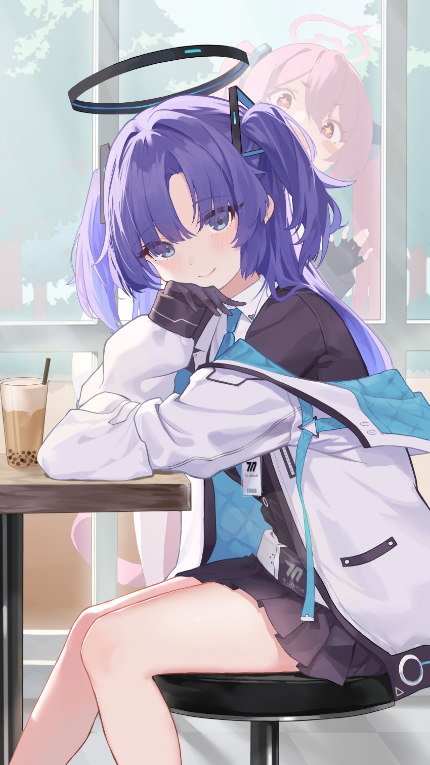 2girls absurdres arm_support blue_archive blue_eyes blue_necktie blush breasts cup disposable_cup halo highres jacket koharu_(blue_archive) long_hair long_sleeves looking_at_viewer multiple_girls necktie purple_eyes purple_hair shirt shou_xun_bu_liang sitting solo thighs two_side_up white_shirt yuuka_(blue_archive)