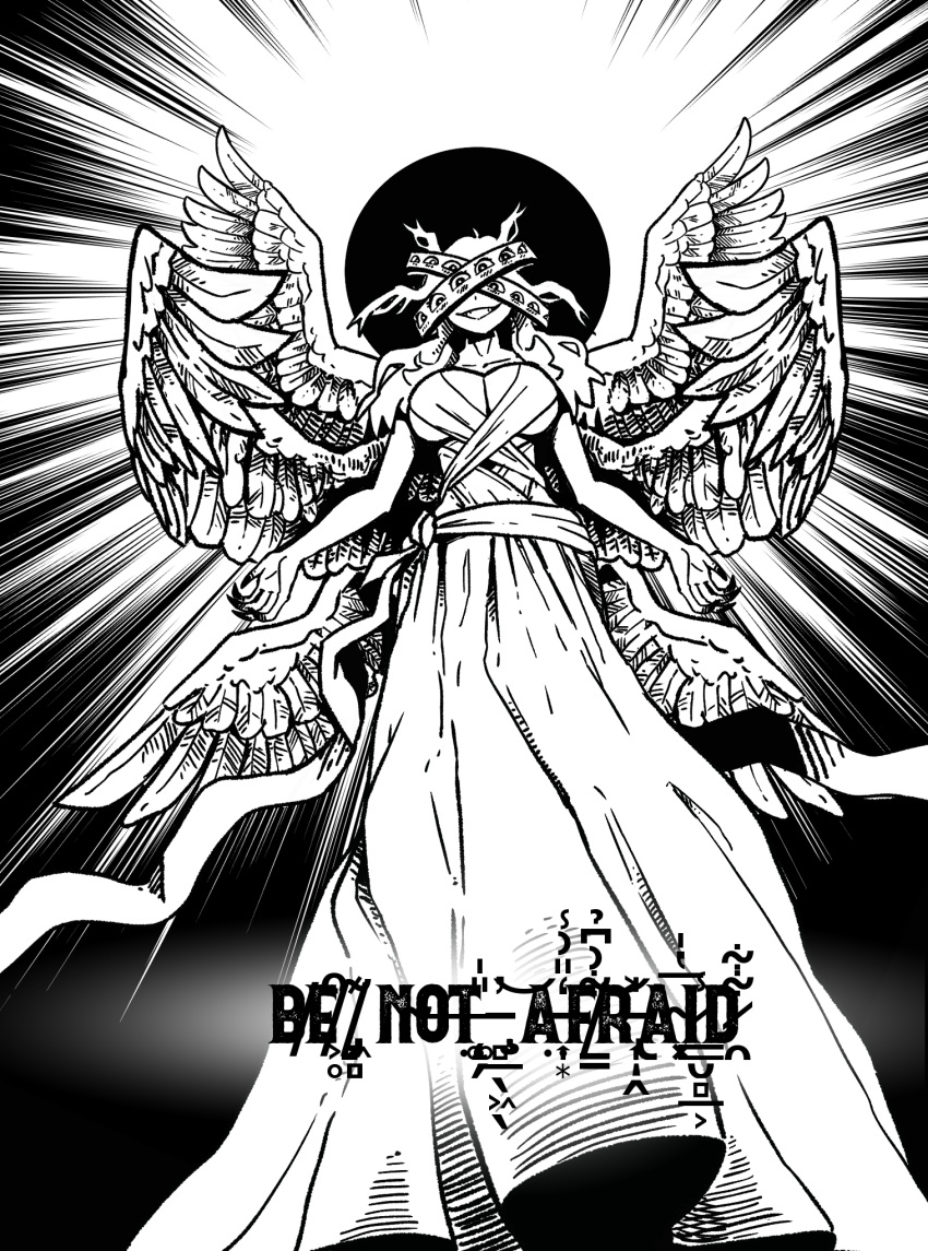 1girl angel_wings angelo's_world biblically_accurate_angel breasts cleavage_cutout clothing_cutout commentary dress eclipse english_commentary extra_eyes feathered_wings greyscale highres inktober large_breasts long_dress monochrome multiple_wings original outstretched_arms smile solo wings