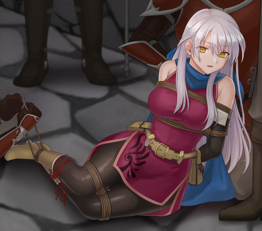 1girl 3boys absurdres arms_behind_back bare_shoulders bdsm belt black_gloves black_pantyhose blue_scarf bondage boots bound bound_ankles bound_legs breasts brown_footwear commentary_request dress elbow_gloves fire_emblem fire_emblem:_radiant_dawn gloves hazuki_(nyorosuke) highres large_breasts long_hair looking_at_viewer micaiah_(fire_emblem) multiple_boys pantyhose parted_lips pouch purple_dress rope scarf sleeveless sleeveless_dress solo_focus thighs very_long_hair white_hair yellow_eyes