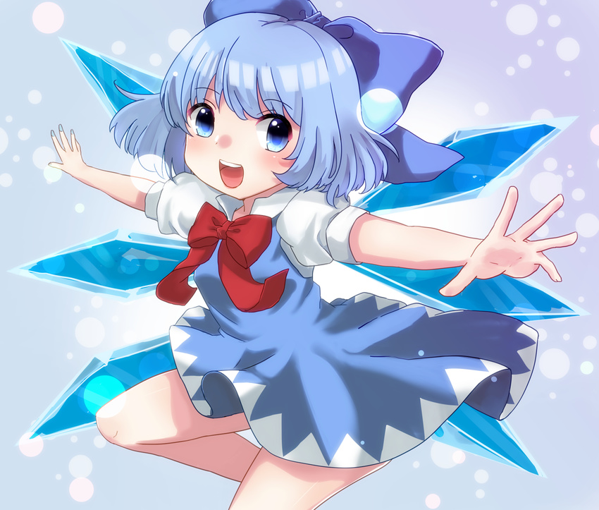 :d blue_background blue_dress blue_eyes blue_hair cirno cowboy_shot dress folded_leg fujiyama_kinfuji hair_ribbon light_particles looking_at_viewer open_hands open_mouth outstretched_arms puffy_short_sleeves puffy_sleeves ribbon short_hair short_sleeves smile solo spread_arms touhou wings