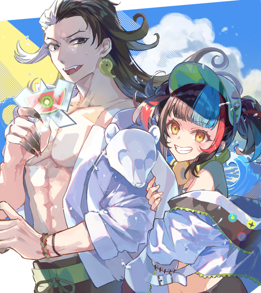 1boy 1girl absurdres ashiya_douman_(fate) black_eyes black_hair blue_sky bracelet cloud earrings fangs fate/grand_order fate_(series) fingernails food fruit grin highres jacket jewelry kiwi_(fruit) kiwi_slice looking_at_another looking_at_viewer magatama magatama_earrings multicolored_hair poppoman sei_shounagon_(fate) sei_shounagon_(swimsuit_berserker)_(fate) sharp_fingernails shirt sky smile split-color_hair streaked_hair twintails visor_cap watermelon watermelon_slice white_hair white_shirt yellow_eyes