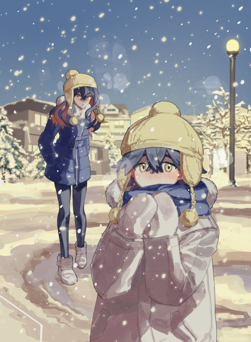 1boy 1girl beanie black_hair black_pantyhose blue_jacket blue_scarf blush boots brother_and_sister building carmine_(pokemon) float_(mement0_m0rl) fur_trim hand_in_pocket hat highres jacket kieran_(pokemon) korean_commentary long_hair long_sleeves looking_at_viewer mittens multicolored_hair outdoors pantyhose pokemon pokemon_sv pom_pom_(clothes) pom_pom_beanie red_hair scarf siblings snow snowing standing steam tree white_footwear white_jacket white_mittens winter_clothes yellow_eyes yellow_headwear