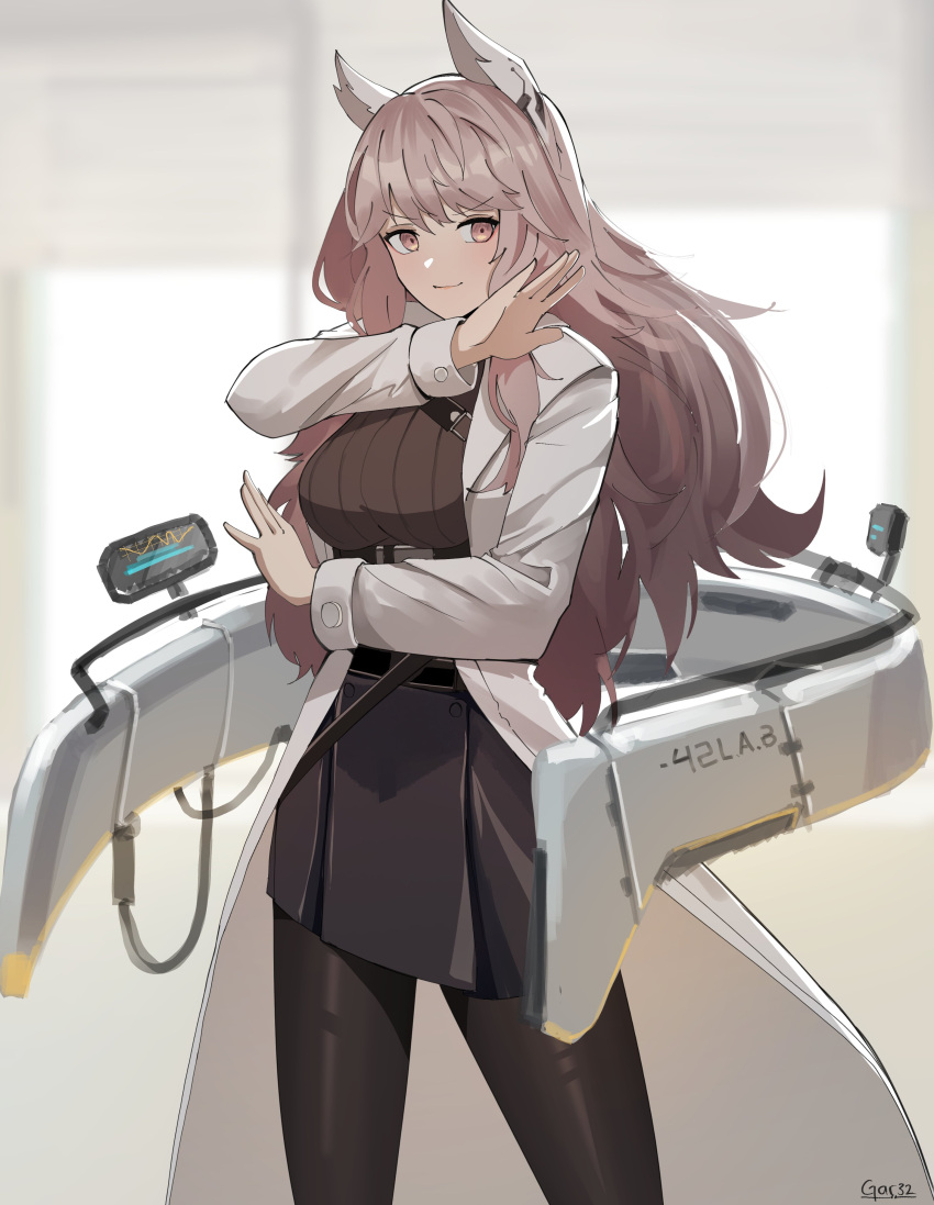 1girl absurdres artist_name black_pantyhose black_skirt breasts brown_eyes brown_hair brown_sweater coat gar32 girls'_frontline_neural_cloud highres long_hair long_sleeves looking_at_viewer pantyhose persicaria_(neural_cloud) skirt smile solo steins;gate sweater white_background white_coat