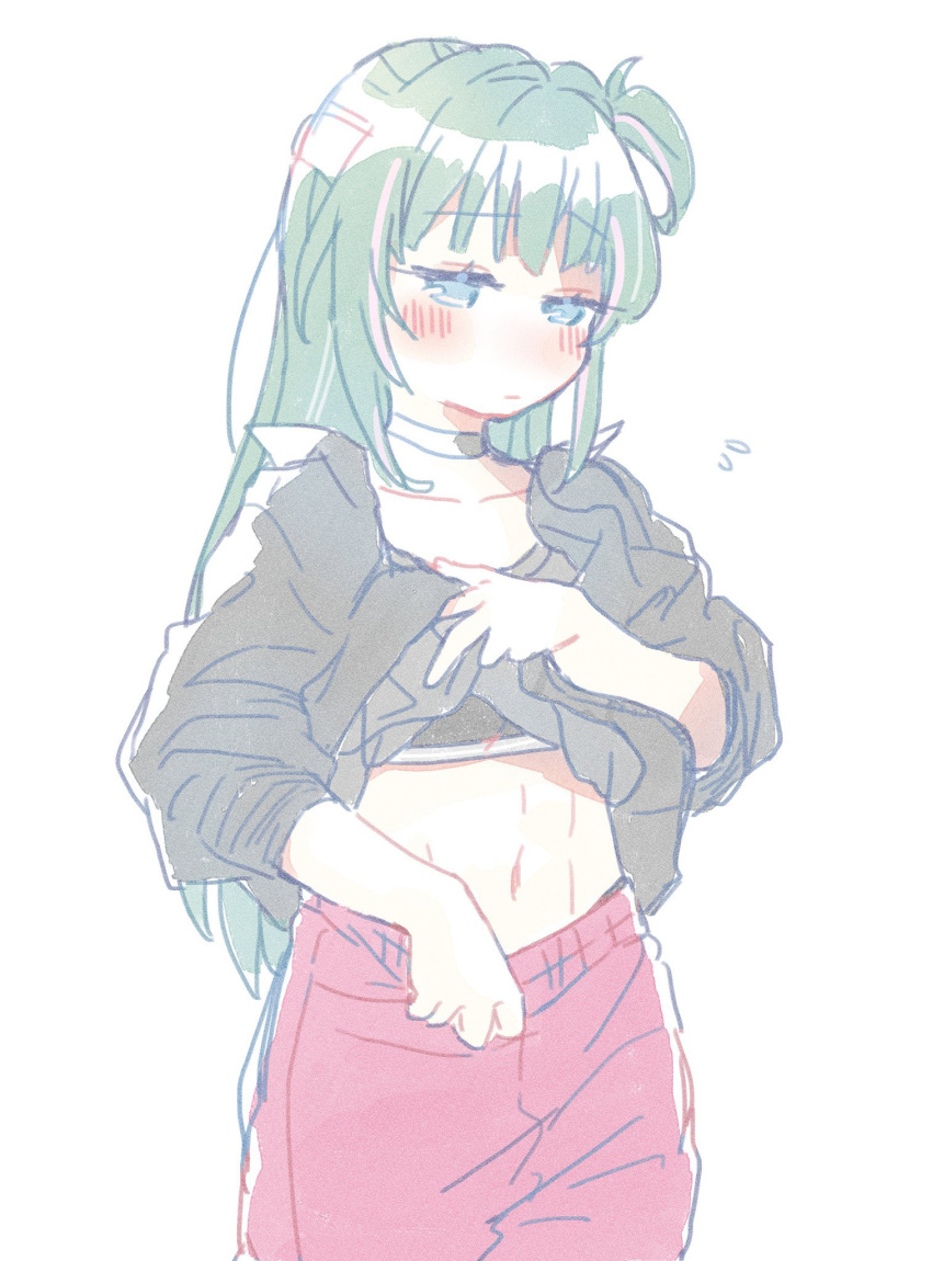 1girl averting_eyes black_shirt black_sports_bra blue_eyes blush cha_ipride choker closed_mouth clothes_lift clothes_pull collarbone cowboy_shot flying_sweatdrops green_hair half_updo highres idoly_pride komiyama_ai looking_down multicolored_hair navel one_side_up pants pants_pull pink_hair pink_pants shirt shirt_lift simple_background solo sports_bra stomach streaked_hair white_background wispy_bangs yoga_pants