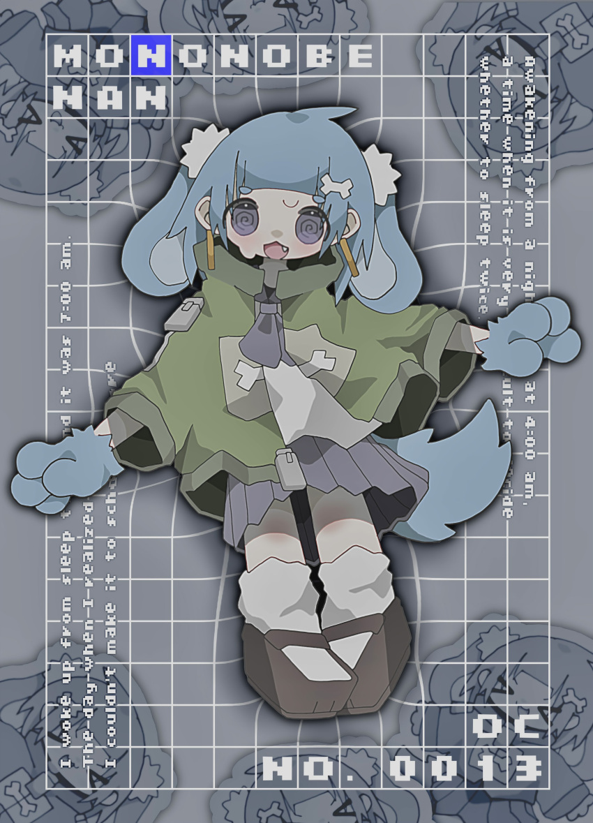 1girl @_@ absurdres animal_ears animal_hands blue_fur blue_hair bone_hair_ornament brown_footwear collared_jacket dog_ears dog_girl dog_tail fang full_body green_jacket grey_background grey_socks grid_background hair_ornament hands_up high_collar highres jacket kneehighs looking_at_viewer mary_janes medium_hair neckerchief nikamoka open_clothes open_jacket open_mouth original outstretched_arms pigeon-toed pleated_skirt pom_pom_(clothes) pom_pom_hair_ornament purple_eyes purple_neckerchief purple_serafuku purple_skirt school_uniform serafuku shoes short_eyebrows sidelocks skirt socks solo spread_arms sweatdrop tail zipper