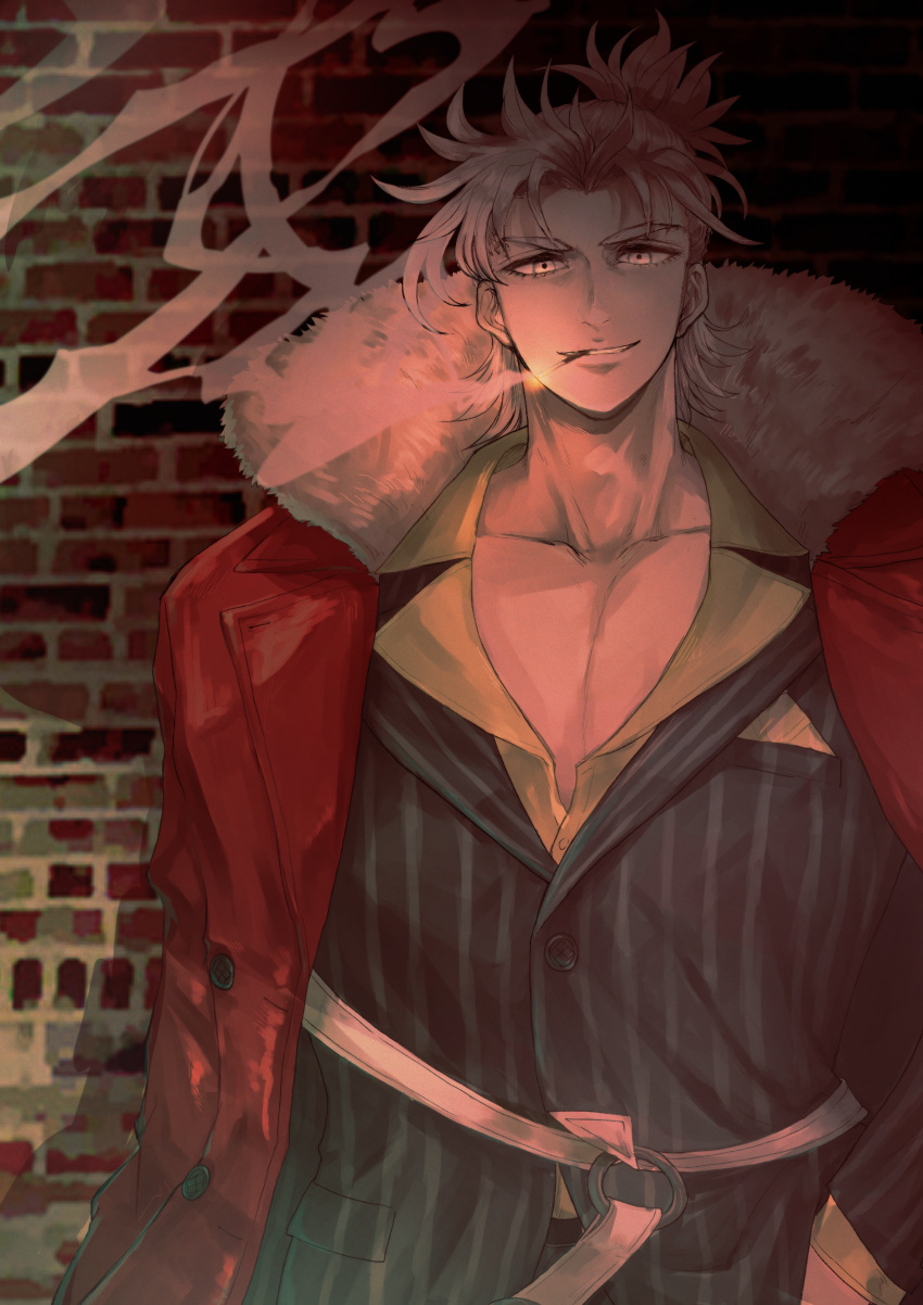 1boy absurdres amnt_(suitatsu) brick_wall cigarette coat fate/grand_order fate_(series) grey_eyes grey_hair highres male_focus red_coat smile smoke smoking striped_suit suit takeda_shingen_(fate)