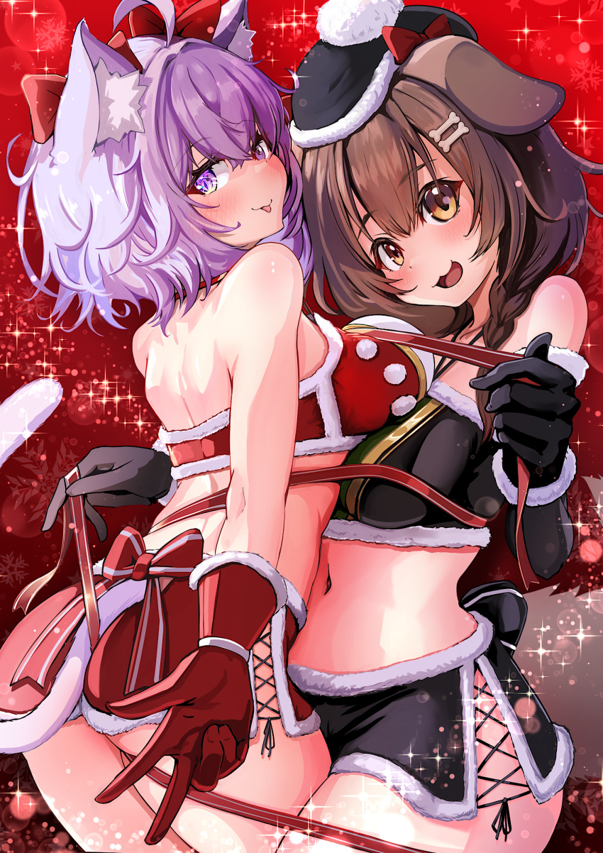 2girls :d :p ahoge animal_ears asymmetrical_docking bikini bikini_skirt black_bikini black_gloves blush bound breast_press brown_eyes brown_hair cat_ears cat_girl cat_tail commentary_request cross-laced_clothes cross-laced_skirt cross-laced_slit dog_ears dog_girl dog_tail fur-trimmed_bikini fur-trimmed_gloves fur_trim gloves highres hololive inugami_korone kajimakoto looking_at_viewer midriff multiple_girls navel nekomata_okayu paid_reward_available purple_eyes purple_hair red_background red_bikini red_gloves ribbon ribbon_bondage santa_bikini santa_costume short_hair side_slit skirt smile swimsuit tail thigh_straddling tongue tongue_out virtual_youtuber