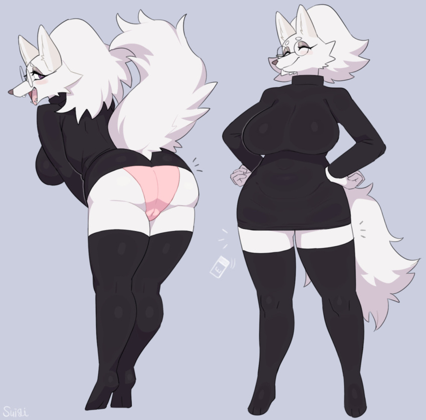 anthro big_breasts biped breasts butt canid canine canis clothed clothing domestic_dog eyewear female fur glasses herding_dog hi_res looking_back mammal open_mouth panties pastoral_dog rear_view smile solo sususuigi underwear white_body white_fur