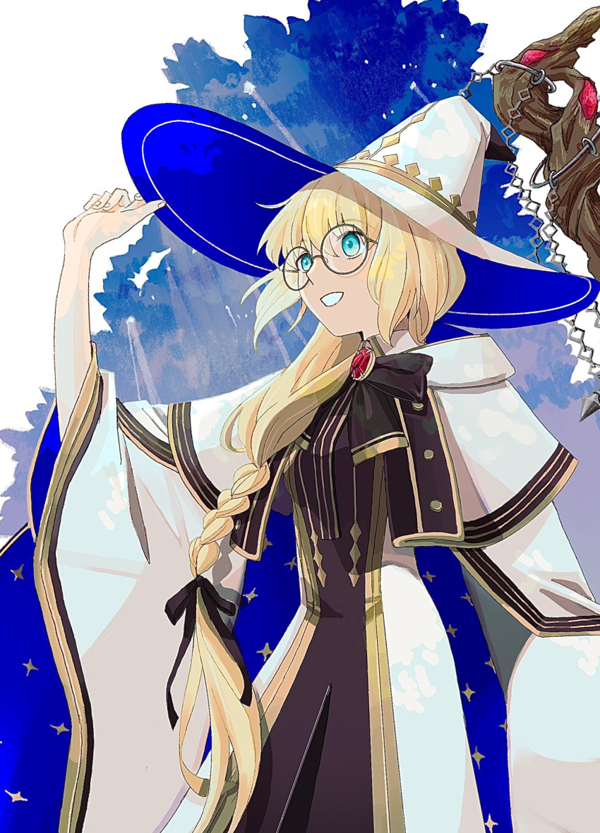 1girl black_bow blonde_hair blue_eyes bow braid fate/grand_order fate_(series) glasses hat highres huwamo9_8ku long_hair robe smile staff tonelico_(fate) tonelico_(first_ascension)_(fate) white_robe wide_sleeves witch_hat