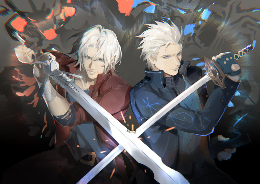 2boys black_gloves blue_eyes closed_mouth coat cumcmn dante_(devil_may_cry) devil_may_cry_(series) devil_may_cry_5 devil_trigger fingerless_gloves gloves hair_slicked_back highres holding male_focus multiple_boys rebellion_(sword) smile vergil_(devil_may_cry) white_hair yamato_(sword)