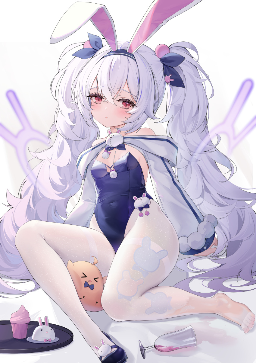 1girl absurdres animal_ears azur_lane breasts byx champagne_flute covered_navel crossed_bangs cup cupcake drinking_glass fake_animal_ears food hair_between_eyes highleg highleg_leotard highres laffey_(azur_lane) laffey_ii_(azur_lane) laffey_ii_(sleepy_on_a_busy_day)_(azur_lane) leotard long_hair long_sleeves looking_at_viewer manjuu_(azur_lane) official_alternate_costume pantyhose parted_lips playboy_bunny rabbit_ears red_eyes single_barefoot sitting small_breasts solo spill strapless strapless_leotard thighband_pantyhose toes twintails very_long_hair wet wet_clothes white_pantyhose