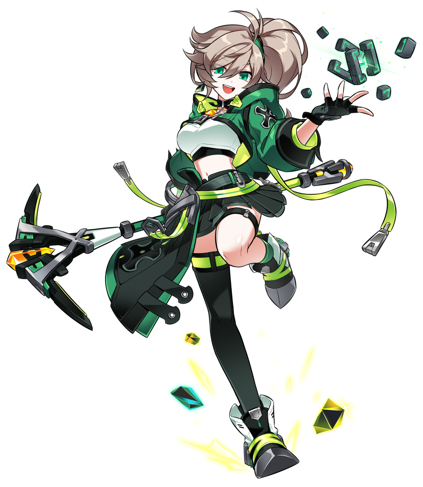 1girl :d absurdres ahoge artist_request black_footwear black_gloves black_skirt black_thighhighs brown_hair crop_top dot_nose elsword fingerless_gloves full_body gem gloves green_eyes green_hoodie head_tilt highres holding holding_pickaxe hood hoodie lithia_beryl_(elsword) looking_at_viewer medium_hair midriff mighty_miner_(elsword) navel open_mouth pickaxe pleated_skirt ponytail shiny_skin shoes single_thighhigh skirt smile solo standing standing_on_one_leg thighhighs thighlet transparent_background