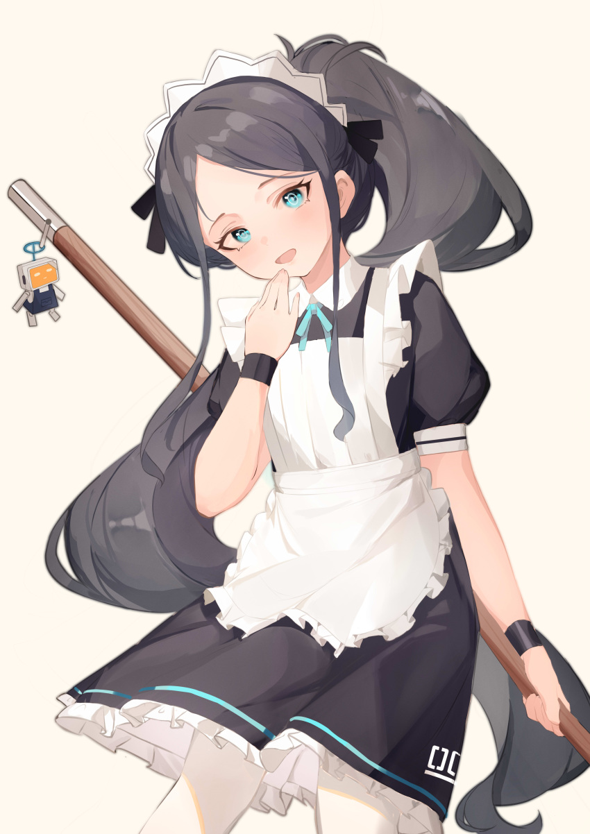 &lt;key&gt;_(robot)_(blue_archive) 1girl absurdres apron aqua_eyes aqua_ribbon aris_(blue_archive) aris_(maid)_(blue_archive) black_dress black_hair black_wristband blue_archive blush character_charm charm_(object) commentary dress feet_out_of_frame frilled_apron frilled_dress frills hand_to_own_mouth highres holding keychain long_hair looking_at_viewer maid_apron maid_headdress neck_ribbon official_alternate_costume open_mouth pantyhose pink_background ponytail puffy_short_sleeves puffy_sleeves ribbon short_sleeves sidelocks simple_background solo very_long_hair white_apron white_headwear white_pantyhose yinglemao