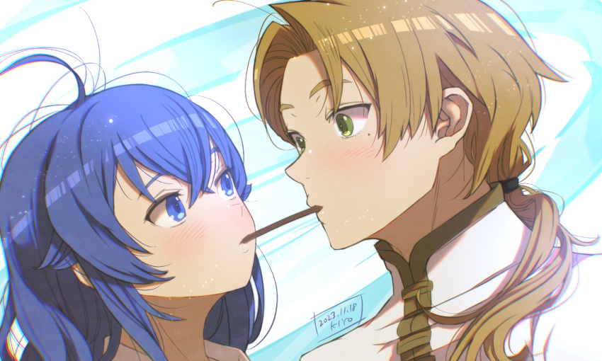 1boy 1girl ahoge artist_name blonde_hair blue_eyes blue_hair blush close-up dated food food_in_mouth green_eyes hair_between_eyes highres kiyo_(a_sam_ko) long_hair looking_at_another mole mole_under_eye mushoku_tensei pocky pocky_in_mouth pocky_kiss ponytail portrait roxy_migurdia rudeus_greyrat shirt white_shirt