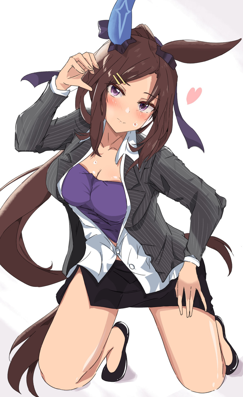 1girl absurdres admire_vega_(umamusume) animal_ears black_skirt blush breasts brown_hair cleavage commentary_request dress_shirt ear_covers ekazawa_sdvx hair_ornament hairclip heart highres horse_ears horse_girl horse_tail jacket kneeling looking_at_viewer medium_breasts office_lady open_clothes open_jacket partially_unbuttoned pencil_skirt pinstripe_jacket pinstripe_pattern ponytail purple_eyes purple_shirt shirt simple_background single_ear_cover skirt smile solo striped sweatdrop tail umamusume white_background white_shirt