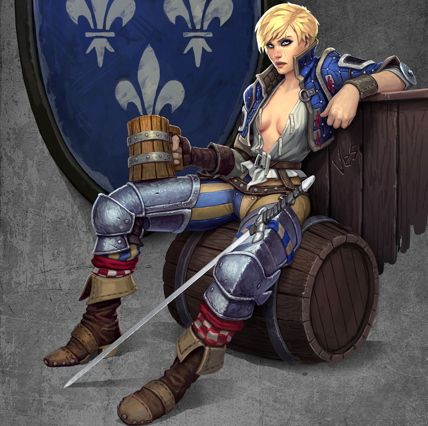 1girl blonde_hair blue_eyes breasts cleavage scar short_hair sitting solo sword the_witcher ves_(the_witcher) weapon